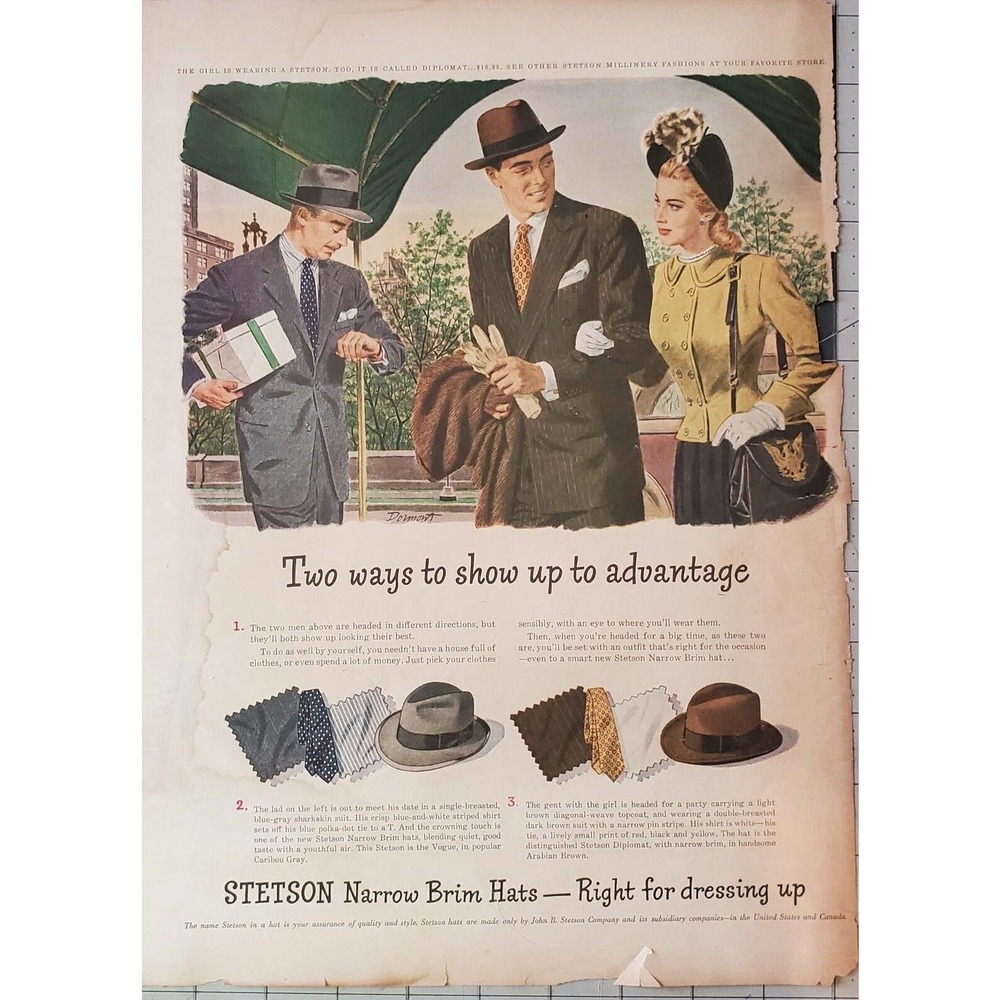 1940s Stetson Narrow Brim Mens Hats Print Ad